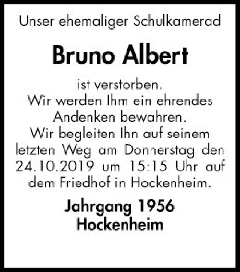  Traueranzeige für Bruno Albert vom 23.10.2019 aus Schwetzinger Zeitung