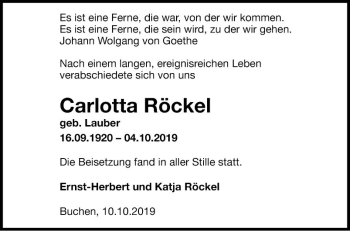 Traueranzeige von Carlotta Röcke von Fränkische Nachrichten