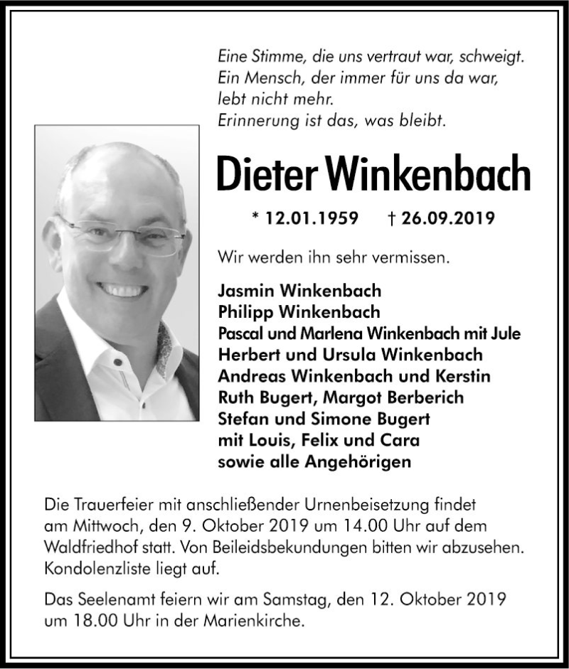  Traueranzeige für Dieter Winkenbach vom 05.10.2019 aus Südhessen Morgen