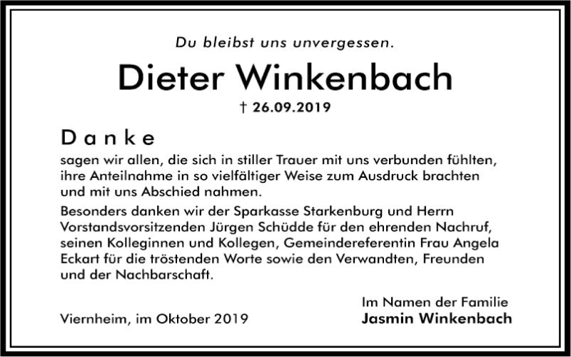  Traueranzeige für Dieter Winkenbach vom 26.10.2019 aus Südhessen Morgen