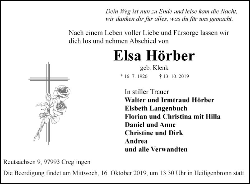  Traueranzeige für Elsa Hörber vom 15.10.2019 aus Fränkische Nachrichten