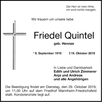Traueranzeige von Friedel Quintel von Mannheimer Morgen