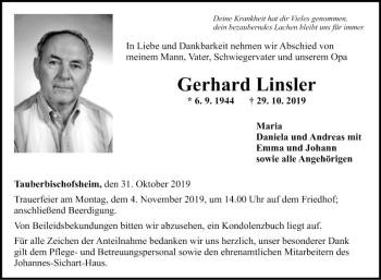 Traueranzeige von Gerhard Linsler von Fränkische Nachrichten