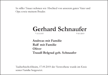 Traueranzeige von Gerhard Schnaufer von Fränkische Nachrichten