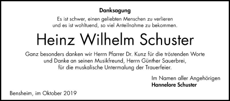  Traueranzeige für Heinz-Wilhelm Schuster vom 05.10.2019 aus Bergsträßer Anzeiger