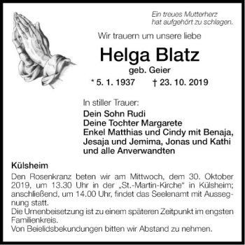 Traueranzeige von Helga Blatz von Fränkische Nachrichten