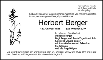 Traueranzeige von Herbert Berger von Mannheimer Morgen