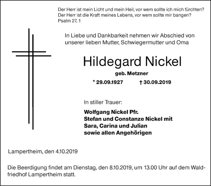 Traueranzeigen Von Hildegard Nickel | Trauerportal Ihrer Tageszeitung