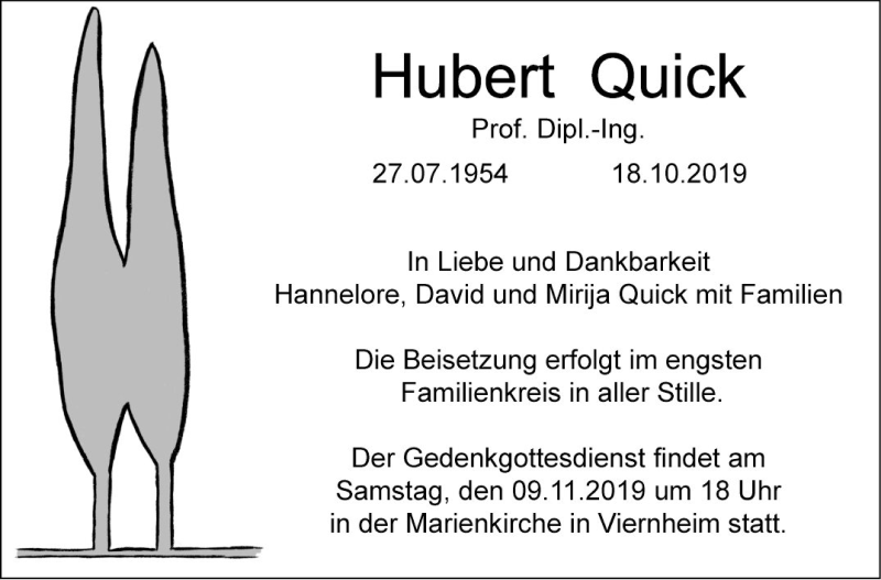  Traueranzeige für Hubert Quick vom 26.10.2019 aus Mannheimer Morgen
