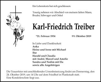 Traueranzeige von Karl-Friedrich Treiber von Schwetzinger Zeitung