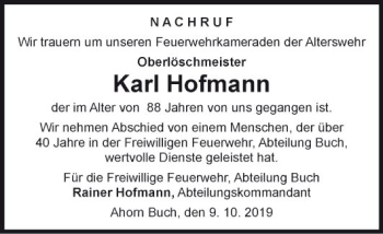 Traueranzeige von Karl Hofmann von Fränkische Nachrichten