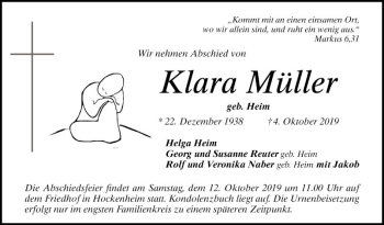 Traueranzeige von Klara Müller von Schwetzinger Zeitung