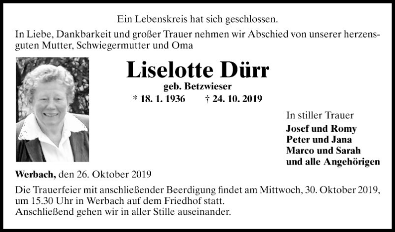  Traueranzeige für Liselotte Dürr vom 26.10.2019 aus Fränkische Nachrichten