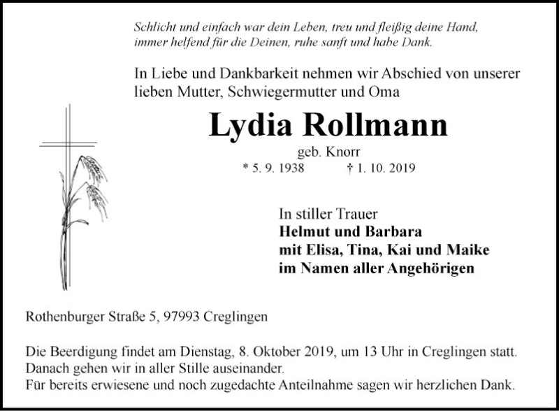  Traueranzeige für Lydia Rollmann vom 05.10.2019 aus Fränkische Nachrichten