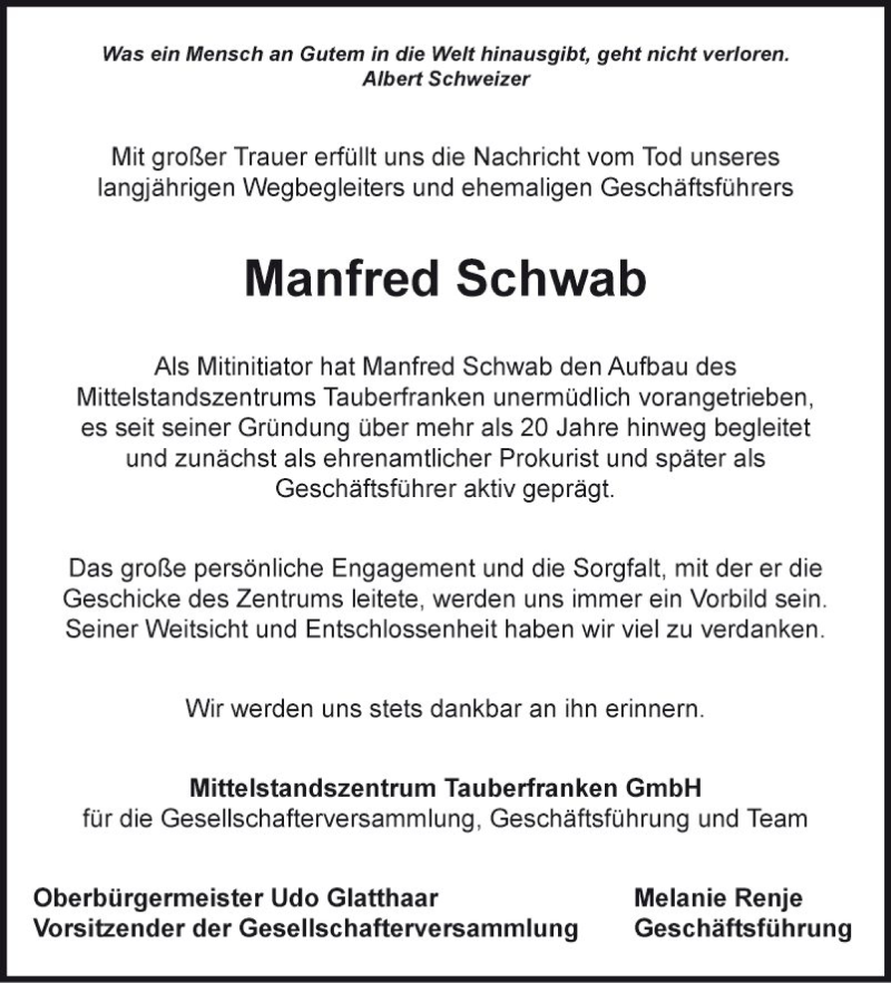  Traueranzeige für Manfred Schwab vom 31.10.2019 aus Fränkische Nachrichten