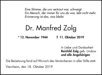 Traueranzeige von Manfred Zolg von Bergsträßer Anzeiger