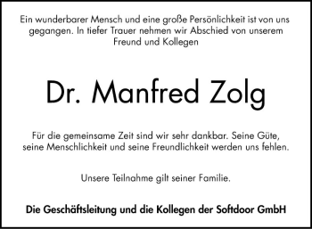 Traueranzeige von Manfred Zolg von Bergsträßer Anzeiger