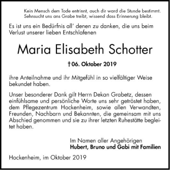 Traueranzeige von Maria Elisabeth Schotter von Schwetzinger Zeitung