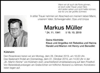 Traueranzeige von Markus Müller von Fränkische Nachrichten