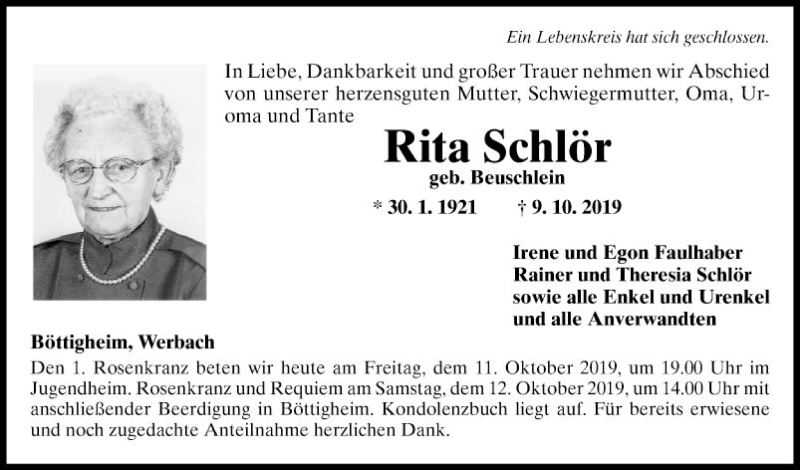  Traueranzeige für Rita Schlör vom 11.10.2019 aus Fränkische Nachrichten