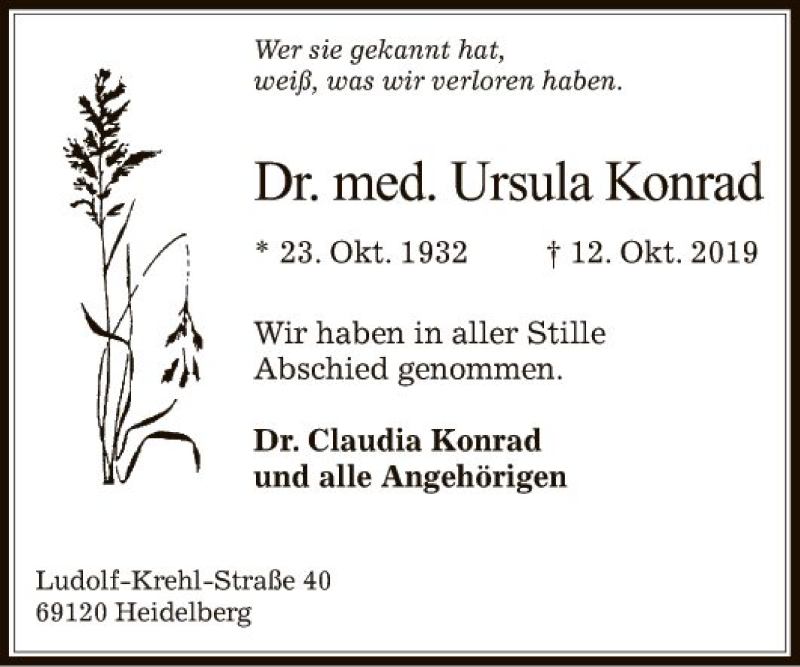  Traueranzeige für Ursula Konrad vom 30.10.2019 aus Mannheimer Morgen