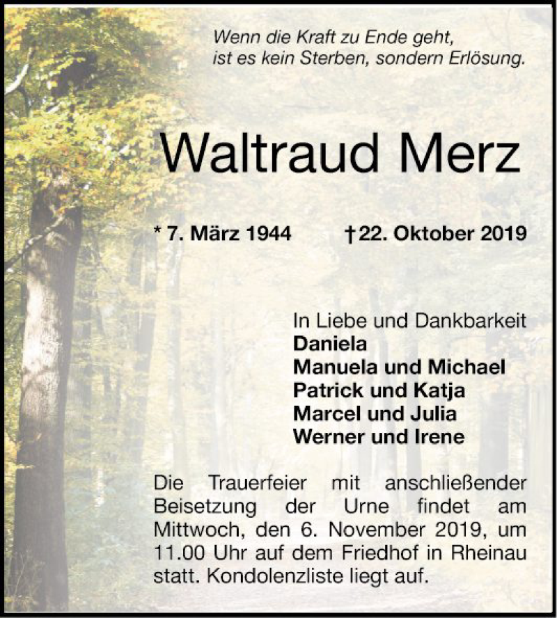  Traueranzeige für Waltraud Merz vom 26.10.2019 aus Mannheimer Morgen