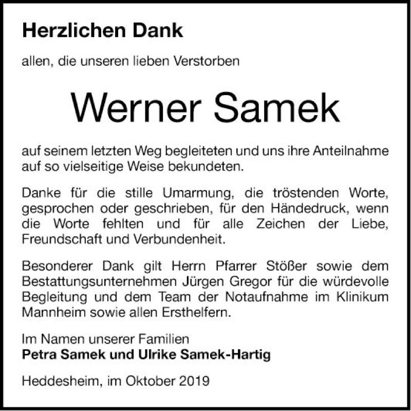  Traueranzeige für Werner Samek vom 26.10.2019 aus Mannheimer Morgen