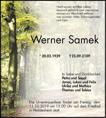 Traueranzeige von Werner Samek von Mannheimer Morgen
