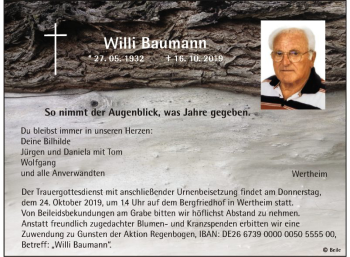 Traueranzeige von Willi Baumann von Fränkische Nachrichten