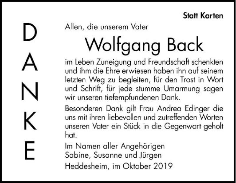  Traueranzeige für Wolfgang Back vom 19.10.2019 aus Mannheimer Morgen