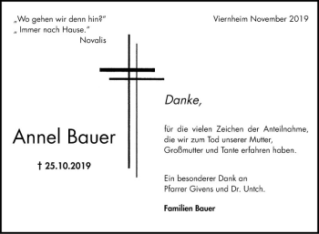 Traueranzeige von Annel Bauer von Südhessen Morgen