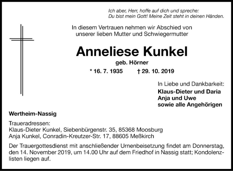  Traueranzeige für Anneliese Kunkel vom 09.11.2019 aus Fränkische Nachrichten