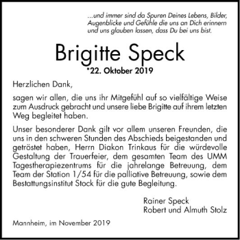 Traueranzeige von Brigitte Speck von Mannheimer Morgen