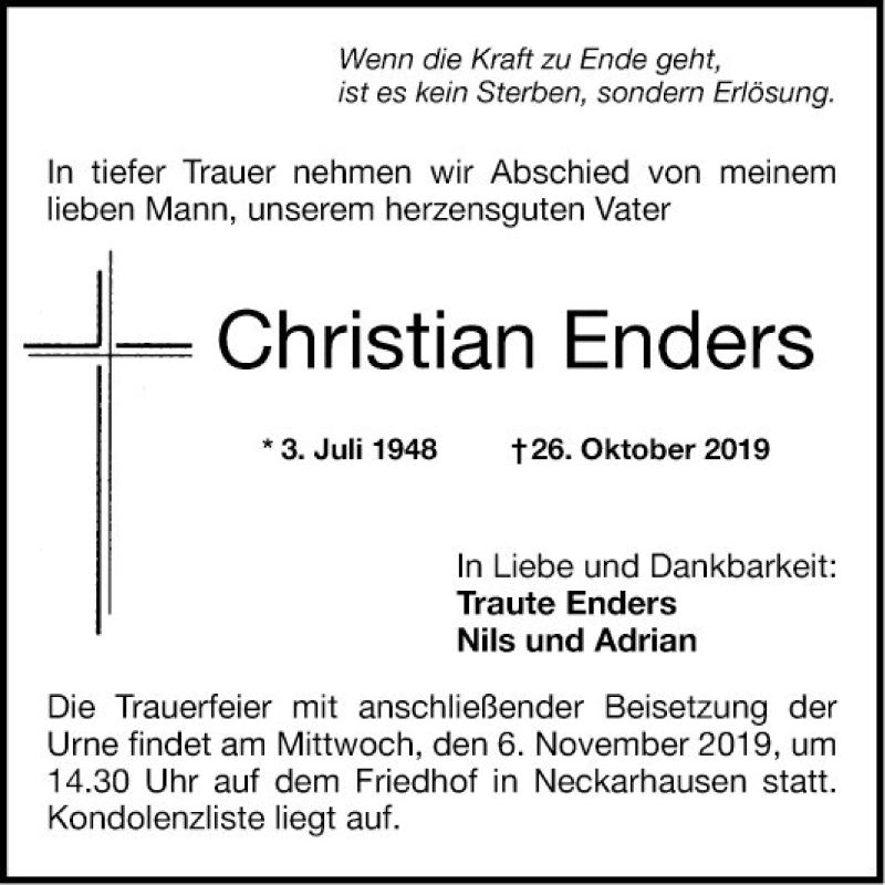  Traueranzeige für Christian Enders vom 02.11.2019 aus Mannheimer Morgen
