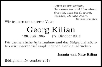 Traueranzeige von Georg Kilian von Fränkische Nachrichten