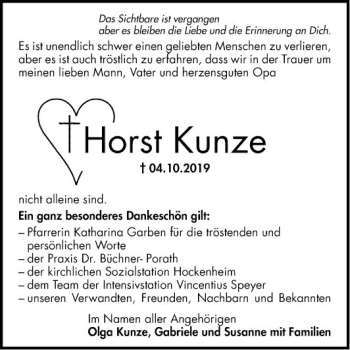 Traueranzeige von Horst Kunze von Schwetzinger Zeitung