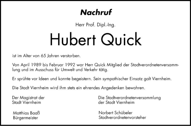  Traueranzeige für Hubert Quick vom 02.11.2019 aus Mannheimer Morgen