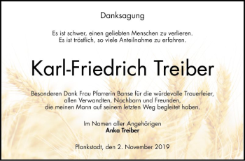 Traueranzeige von Karl-Friedrich Treiber von Schwetzinger Zeitung