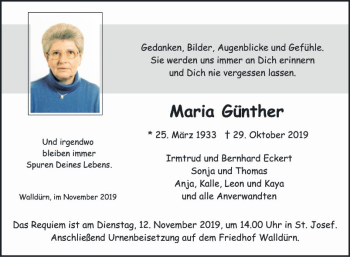 Traueranzeige von Maria Günther von Fränkische Nachrichten