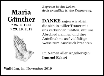 Traueranzeige von Maria Günther von Fränkische Nachrichten