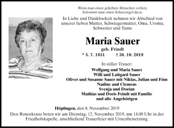 Traueranzeige von Maria Sauer von Fränkische Nachrichten