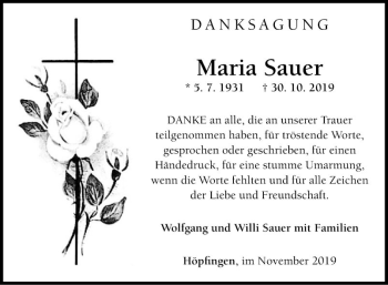 Traueranzeige von Maria Sauer von Fränkische Nachrichten