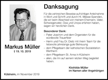 Traueranzeige von Markus Müller von Fränkische Nachrichten