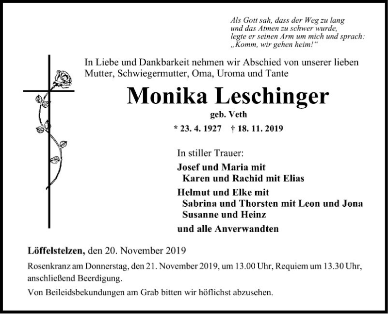  Traueranzeige für Monika Leschinger vom 20.11.2019 aus Fränkische Nachrichten