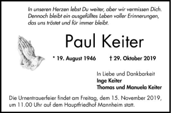 Traueranzeige von Paul Keiter von Mannheimer Morgen