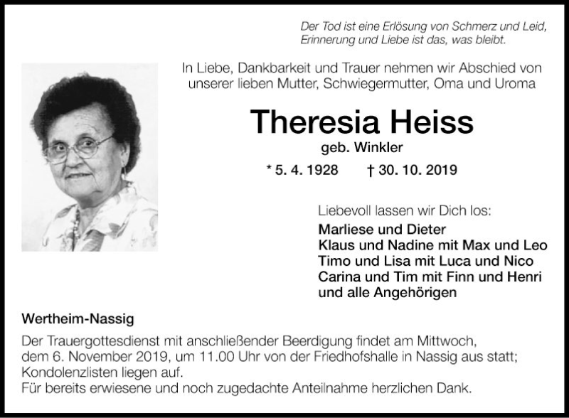  Traueranzeige für Theresia Heiss vom 06.11.2019 aus Fränkische Nachrichten