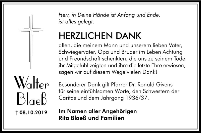  Traueranzeige für Walter Blaeß vom 09.11.2019 aus Südhessen Morgen