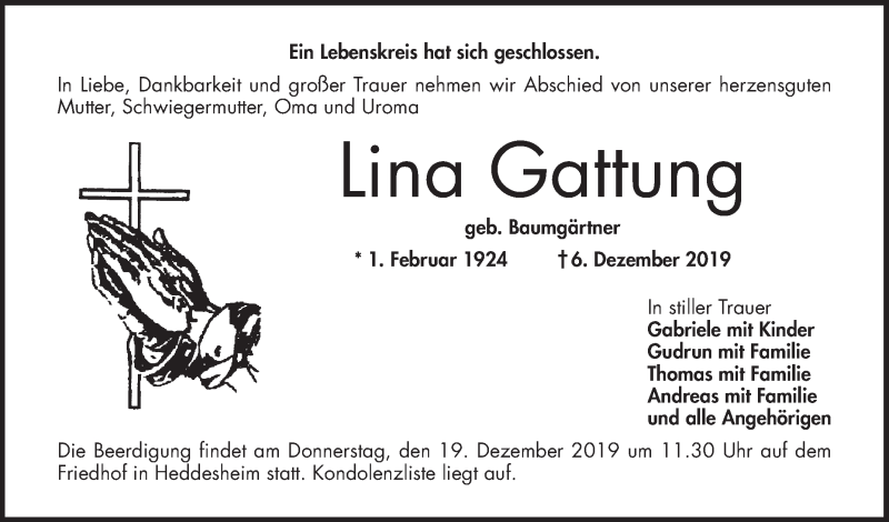  Traueranzeige für Lina Gattung vom 18.12.2019 aus 