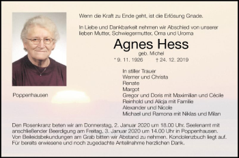Traueranzeige von Agnes Hess von Fränkische Nachrichten