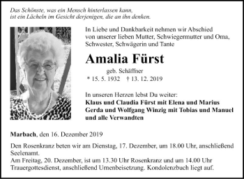 Traueranzeige von Amalia Fürst von Fränkische Nachrichten